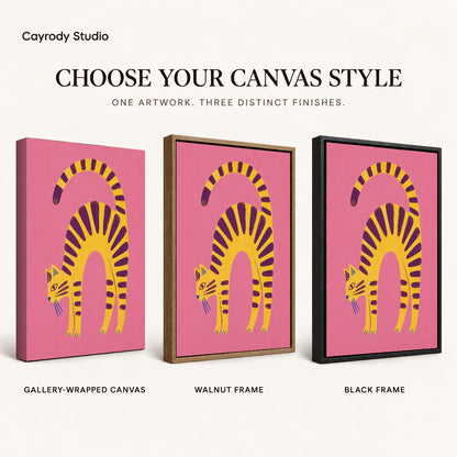 Arched Tabby canvas art comparing gallery wrapped canvas, walnut frame, and black frame finishes.