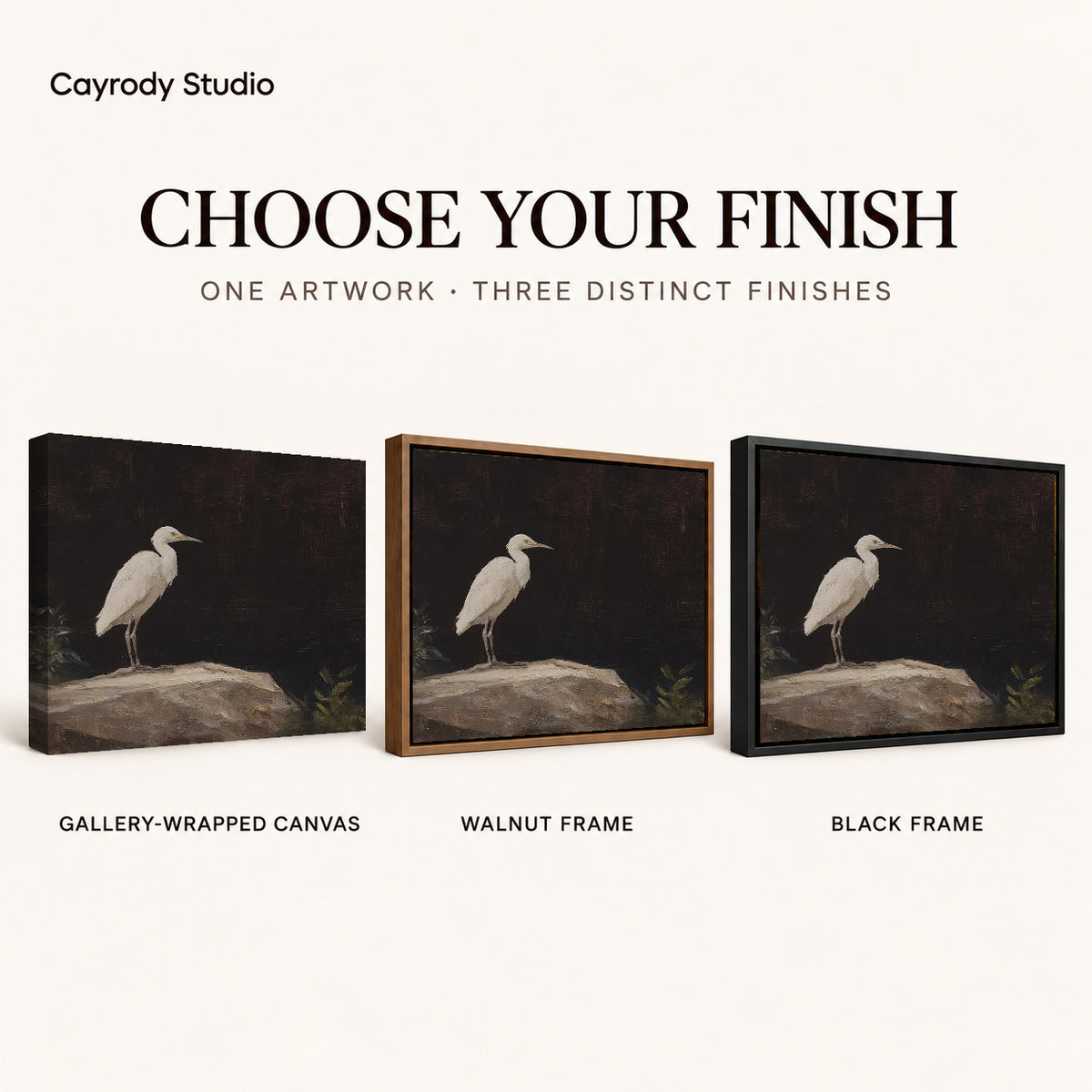 Quiet Egret canvas art comparing gallery wrapped canvas, walnut frame, and black frame finishes.