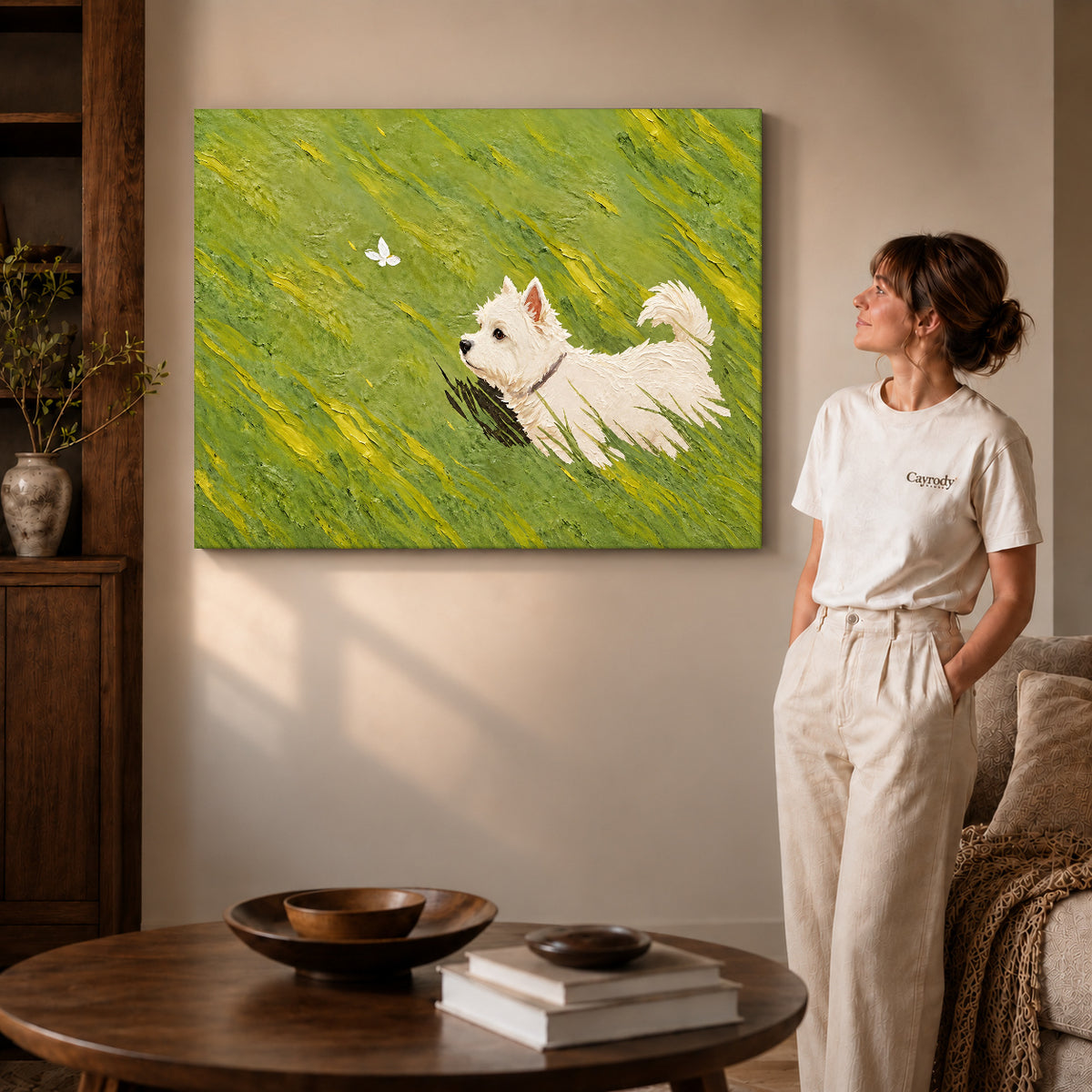 Westie Canvas Art on gallery wrapped canvas with visible depth beside a woman in white.