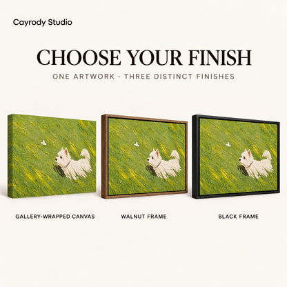 Westie Canvas Art shown in gallery wrapped canvas, walnut frame, and black frame finishes.