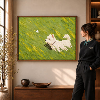 Walnut framed westie canvas art with the complete artwork displayed in a warm living room.