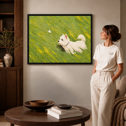 Black framed westie canvas art displayed beside a woman with natural light across the wall.