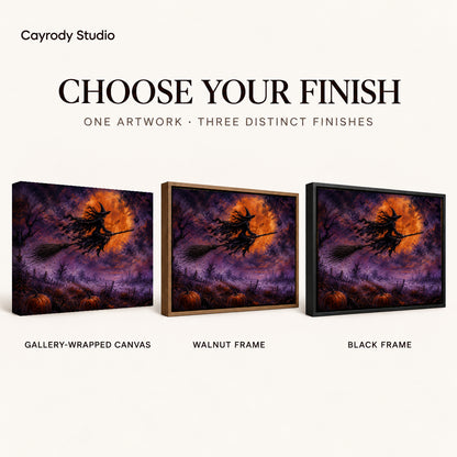 Witch Canvas Art shown in gallery wrapped canvas, walnut frame, and black frame finishes.