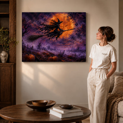Gallery wrapped witch canvas art showing dimensional edges and soft shadows in a living room.