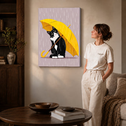 Umbrella Cat Canvas Art on gallery wrapped canvas with visible depth beside a woman in white.