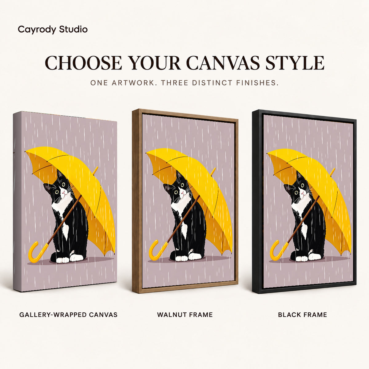 Umbrella Cat Canvas Art shown in gallery wrapped canvas, walnut frame, and black frame finishes.