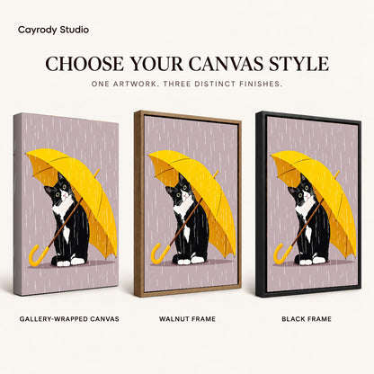 Umbrella Cat Canvas Art shown in gallery wrapped canvas, walnut frame, and black frame finishes.