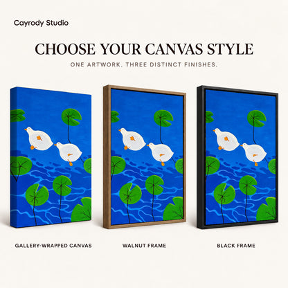 Duck Canvas Art shown in gallery wrapped canvas, walnut frame, and black frame finishes.