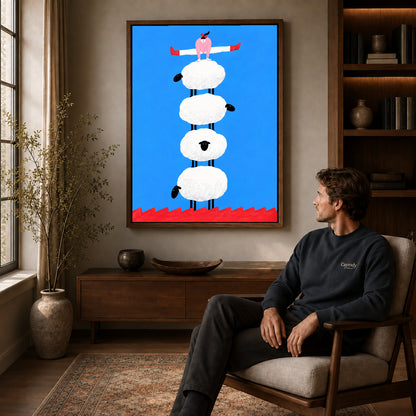 Sheep Canvas Art displayed in a walnut frame above wooden furniture beside a seated man.