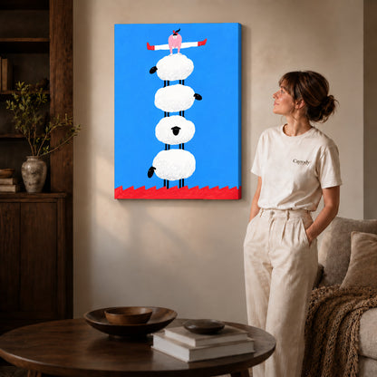 Sheep Canvas Art on gallery wrapped canvas with visible depth beside a woman in white.