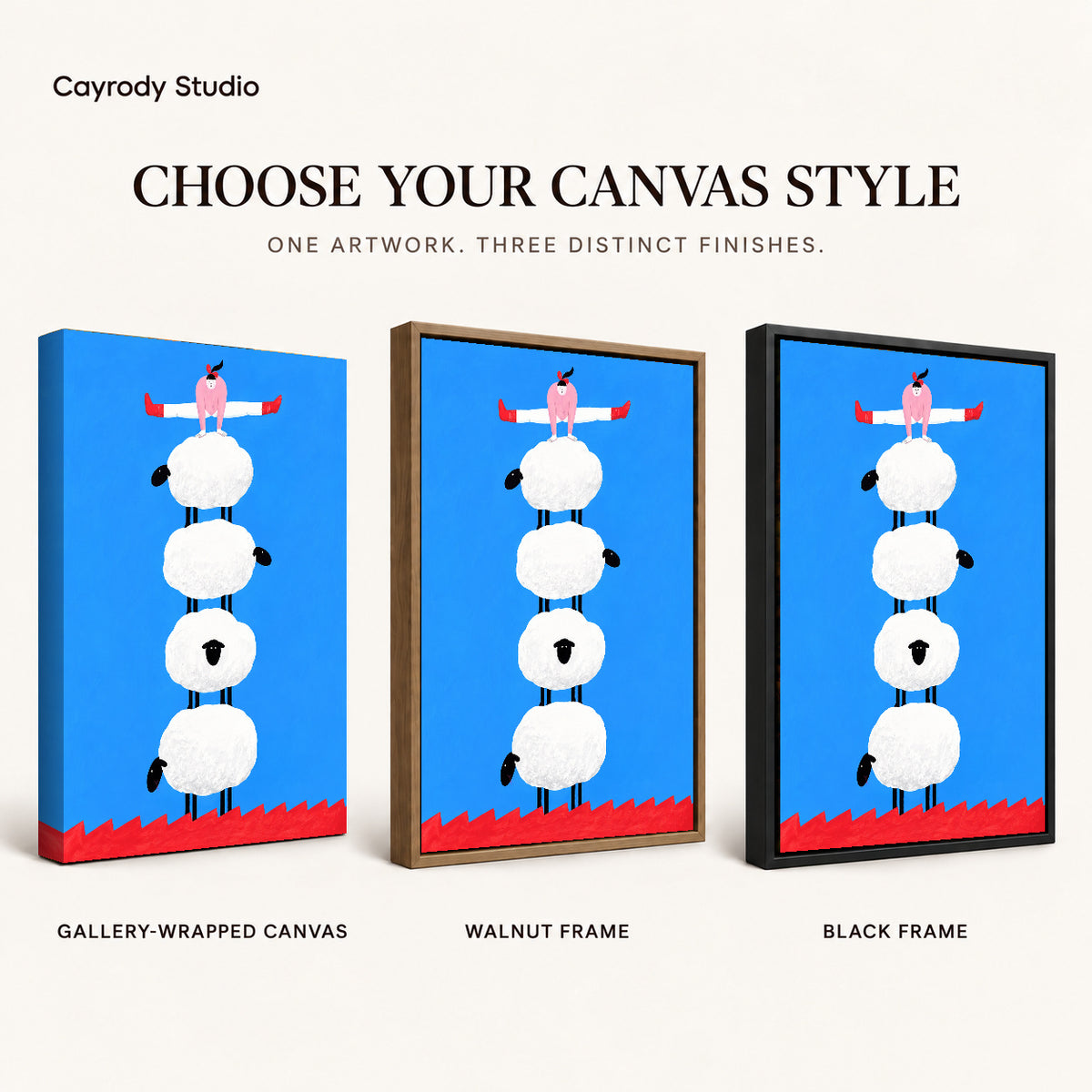Sheep Canvas Art shown in gallery wrapped canvas, walnut frame, and black frame finishes.