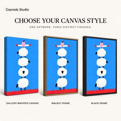 Sheep Canvas Art shown in gallery wrapped canvas, walnut frame, and black frame finishes.