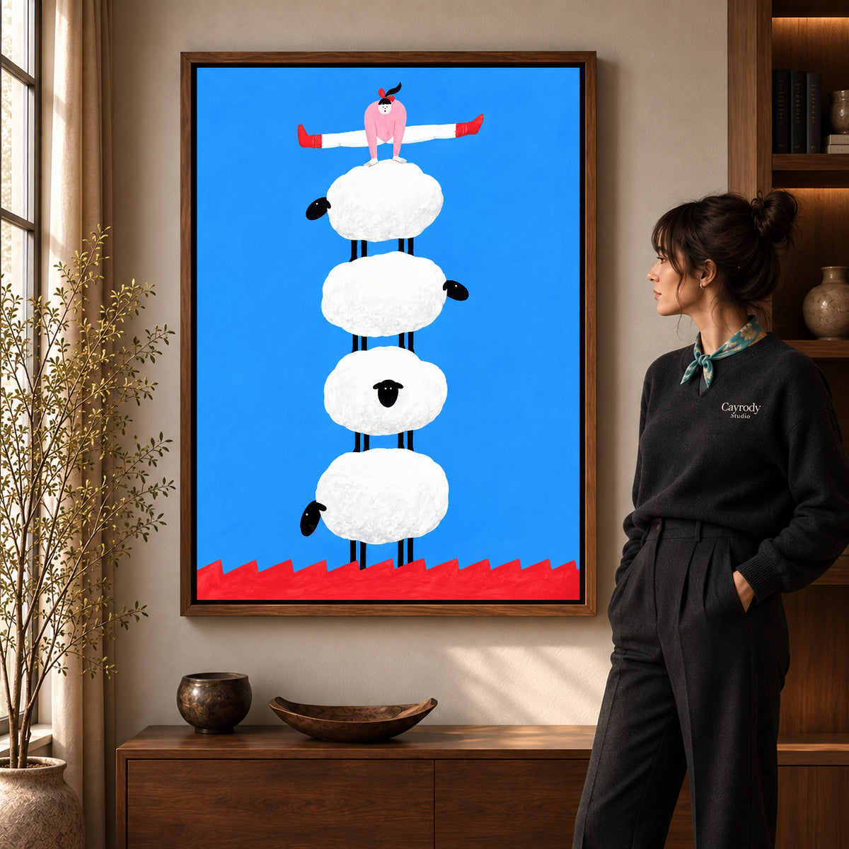 Walnut framed sheep canvas art with the complete artwork displayed in a warm living room.