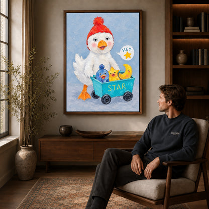 Whimsical Duck Canvas Art displayed in a walnut frame above wooden furniture beside a seated man.