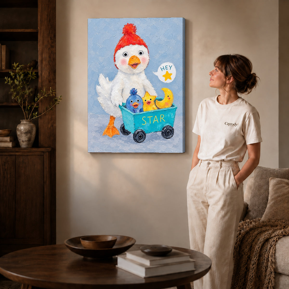 Whimsical Duck Canvas Art on gallery wrapped canvas with visible depth beside a woman in white.
