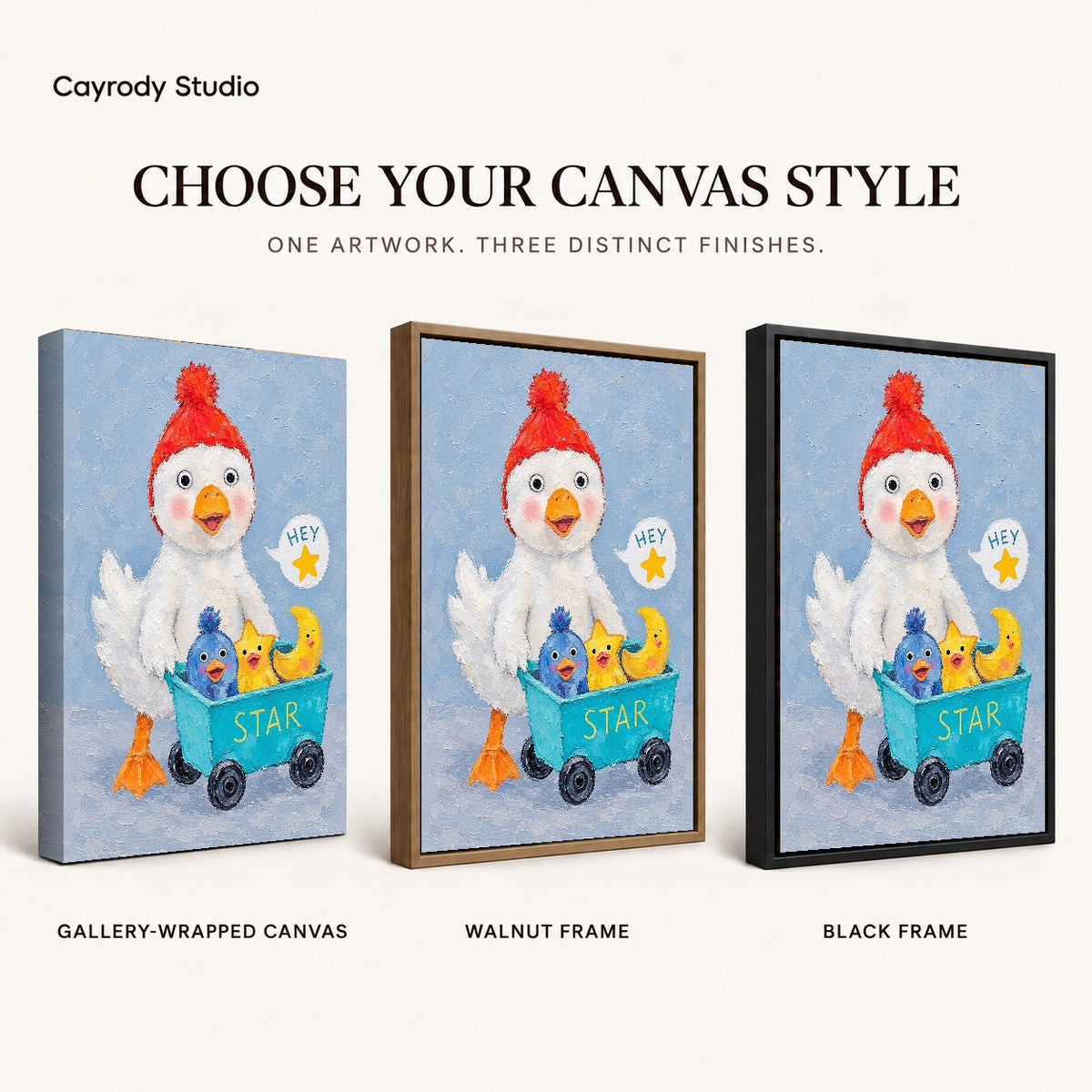Whimsical Duck Canvas Art shown in gallery wrapped canvas, walnut frame, and black frame finishes.