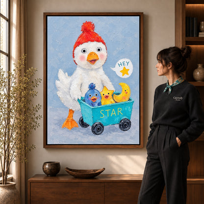 Walnut framed whimsical duck canvas art with the complete artwork displayed in a warm living room.