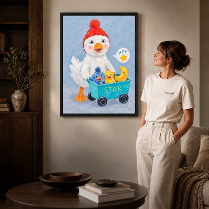 Black framed whimsical duck canvas art displayed beside a woman with natural light across the wall.