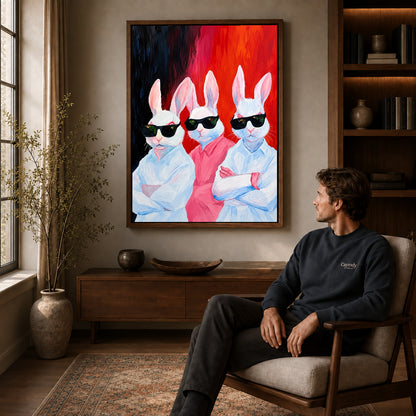 Rabbit Canvas Art displayed in a walnut frame above wooden furniture beside a seated man.
