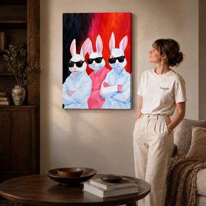Rabbit Canvas Art on gallery wrapped canvas with visible depth beside a woman in white.