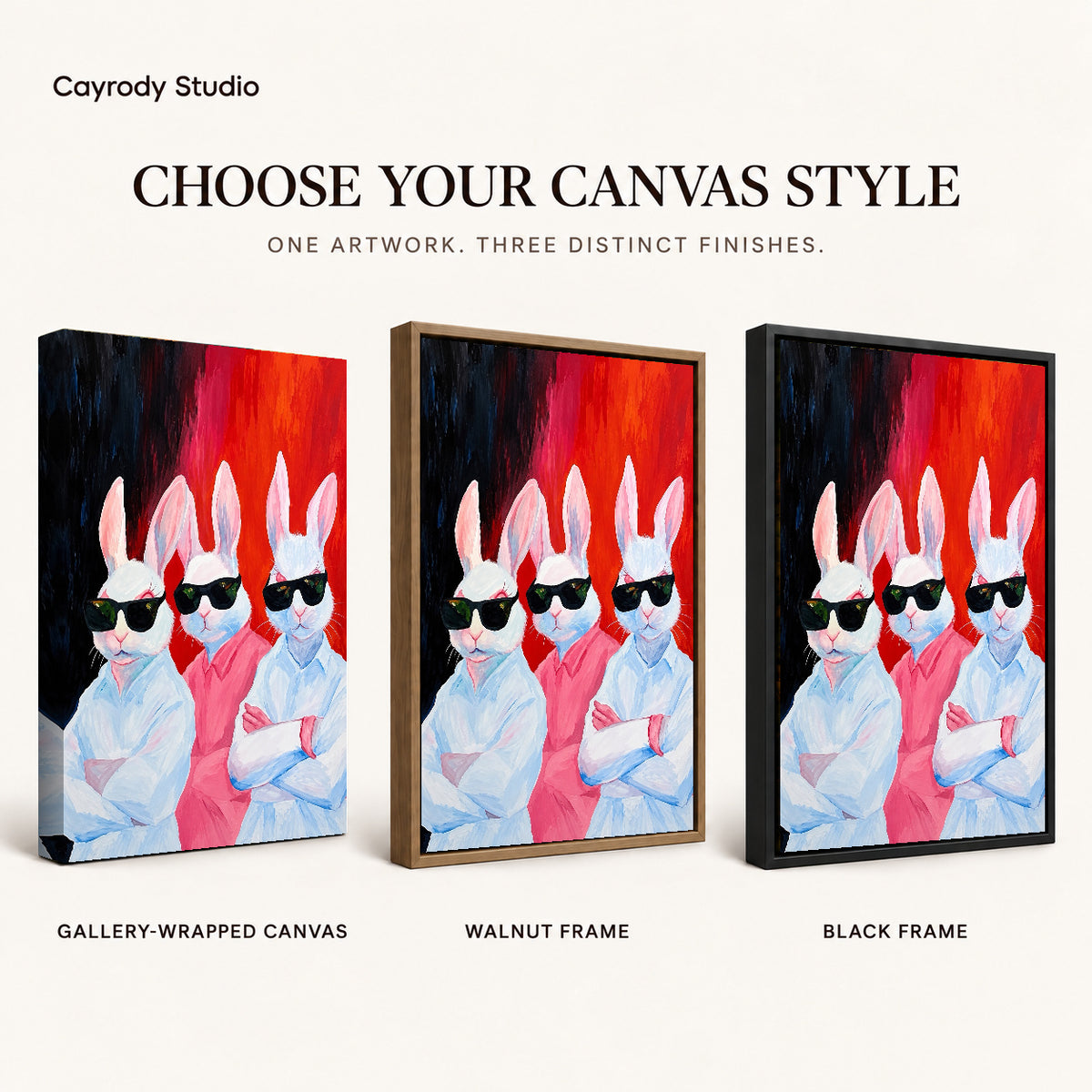 Rabbit Canvas Art shown in gallery wrapped canvas, walnut frame, and black frame finishes.