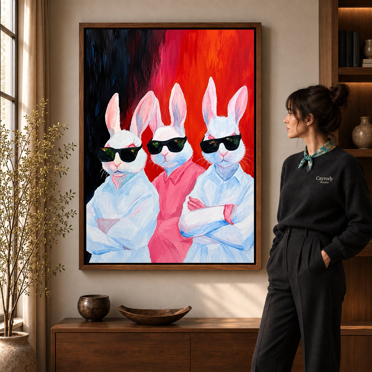 Walnut framed rabbit canvas art with the complete artwork displayed in a warm living room.