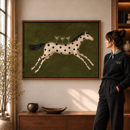 Horse Canvas Art in a walnut frame beside a standing woman and warm wooden furniture.