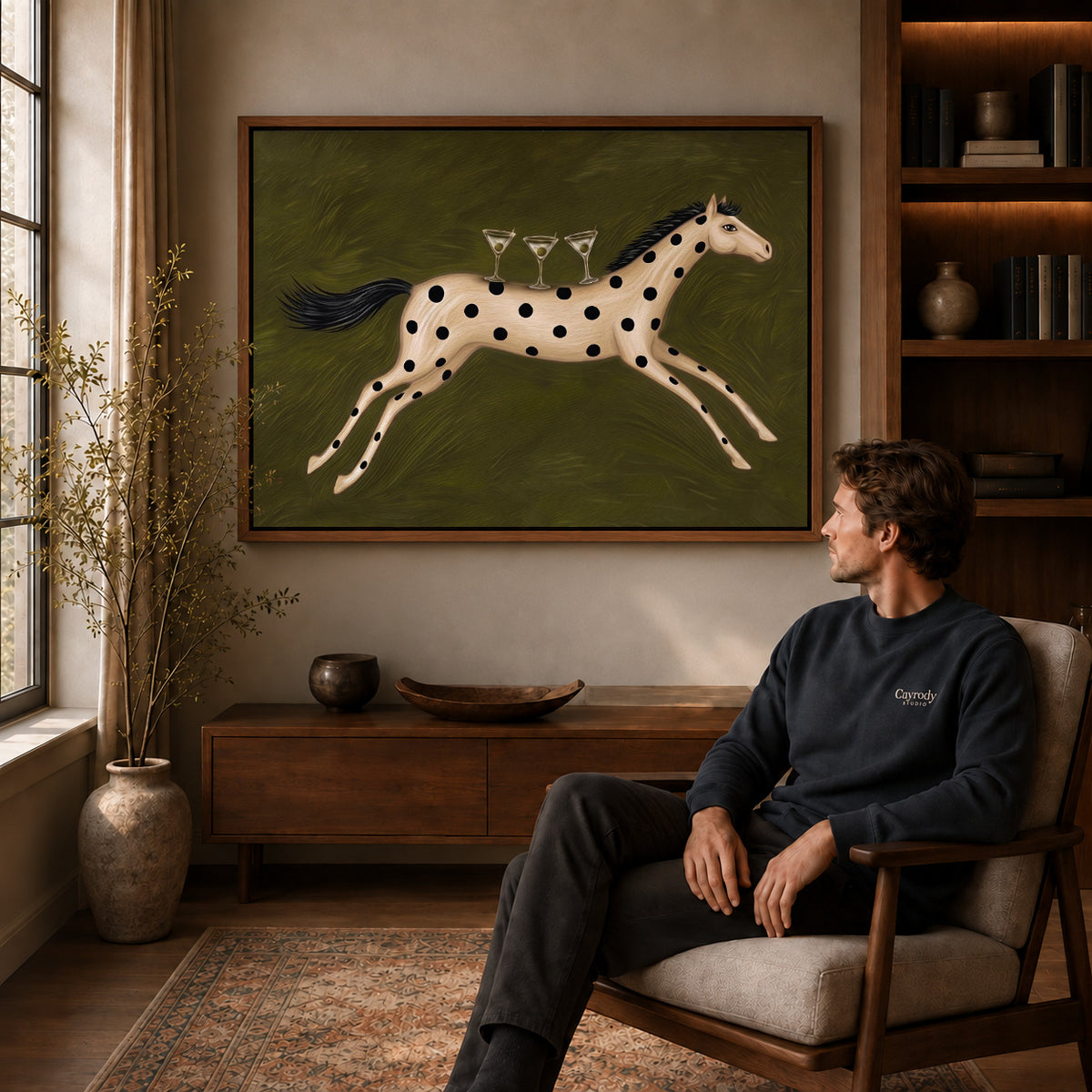 Horse Canvas Art displayed in a walnut frame above wooden furniture beside a seated man.