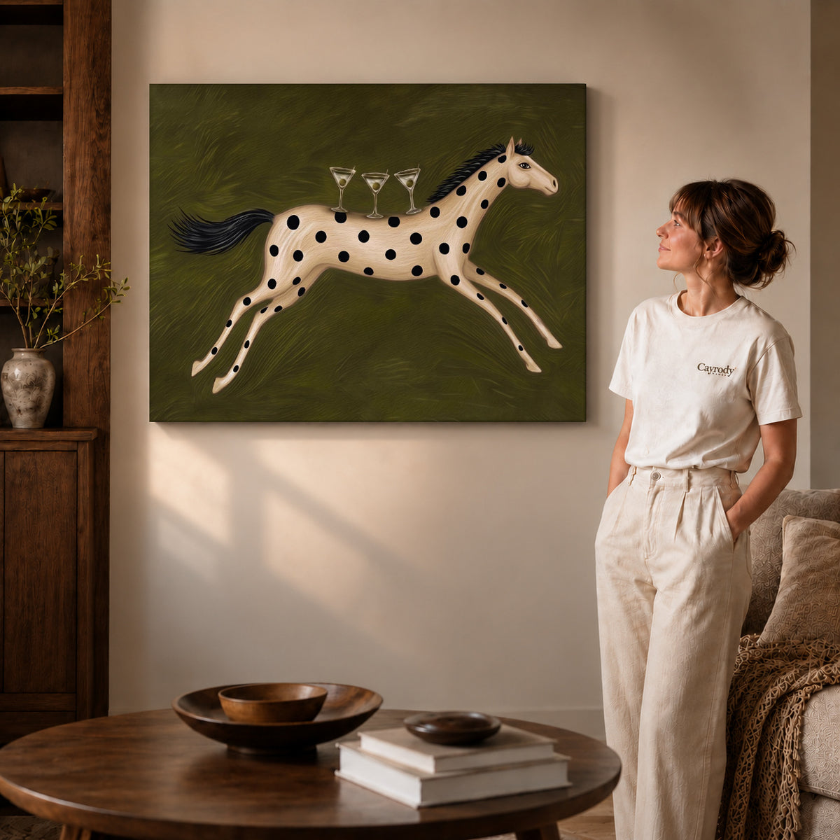 Horse Canvas Art on gallery wrapped canvas with visible depth beside a woman in white.