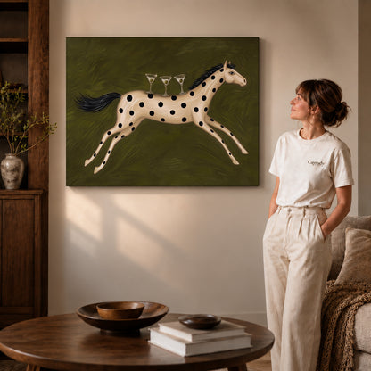 Horse Canvas Art on gallery wrapped canvas with visible depth beside a woman in white.