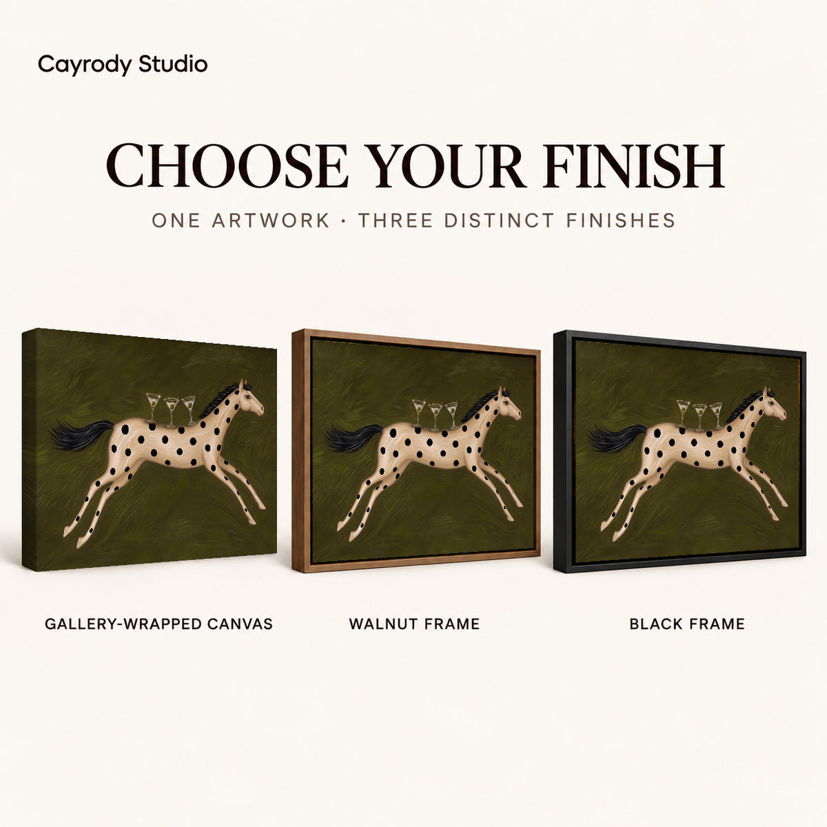 Horse Canvas Art shown in gallery wrapped canvas, walnut frame, and black frame finishes.