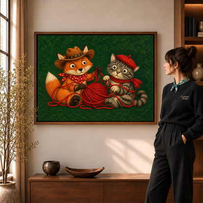 Fox Cat Canvas Art in a walnut frame beside a standing woman and warm wooden furniture.
