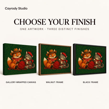 Fox Cat Canvas Art shown in gallery wrapped canvas, walnut frame, and black frame finishes.