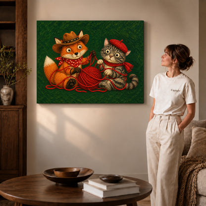 Gallery wrapped fox cat canvas art showing dimensional edges and soft shadows in a living room.