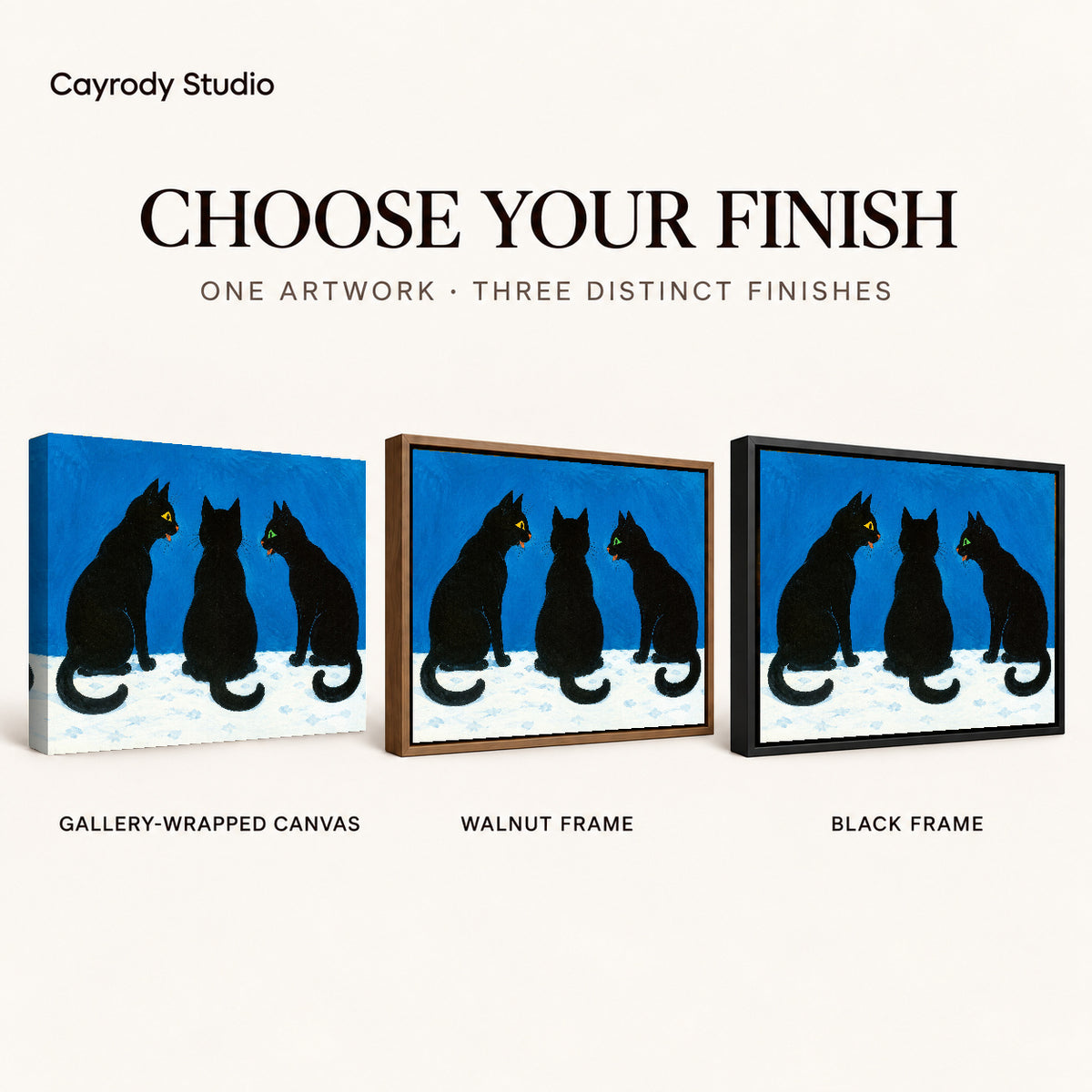 Black Cat Canvas Art shown in gallery wrapped canvas, walnut frame, and black frame finishes.