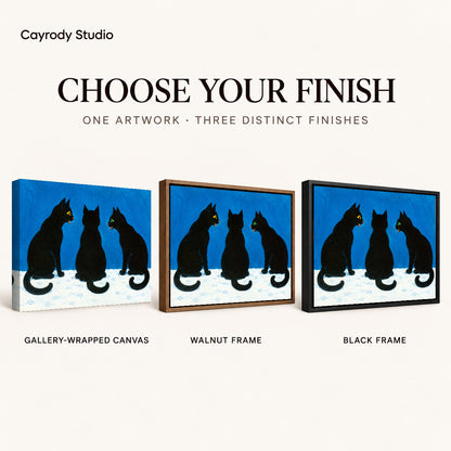 Black Cat Canvas Art shown in gallery wrapped canvas, walnut frame, and black frame finishes.