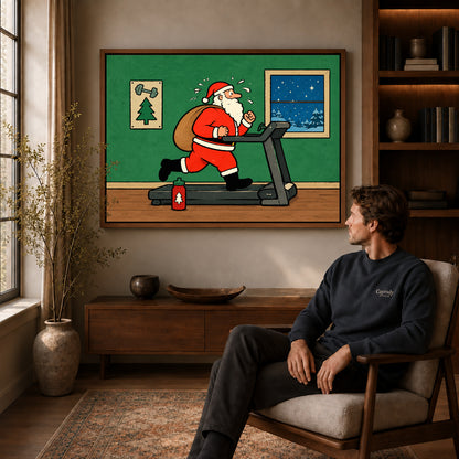 christmas workout santa canvas art in a walnut frame above a console beside a seated man.