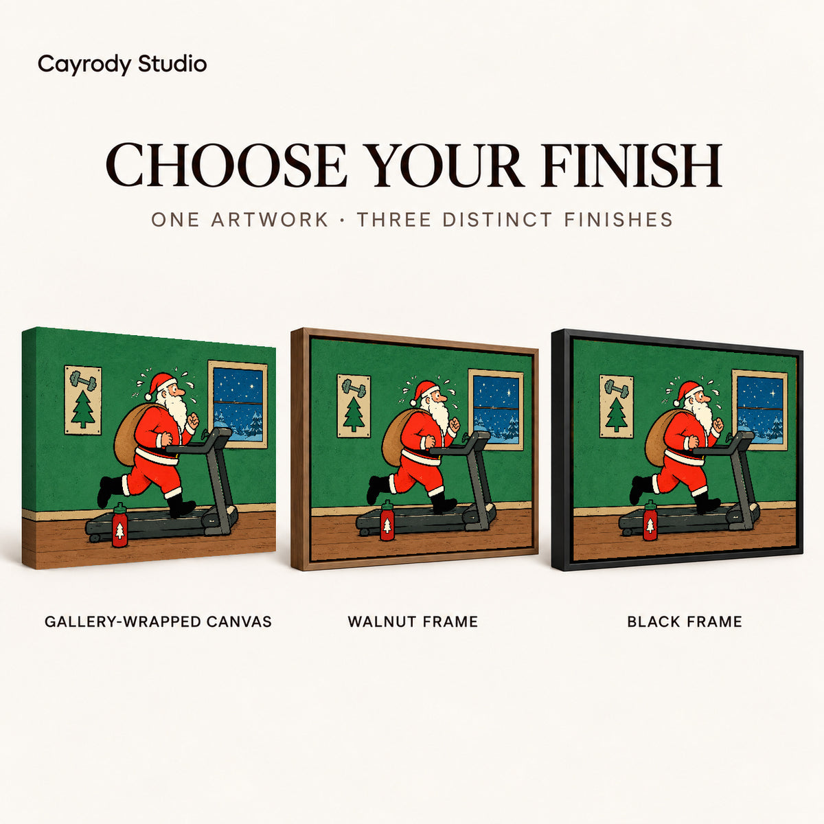 christmas workout santa canvas art compared across gallery-wrapped canvas, walnut frame, and black frame finishes.