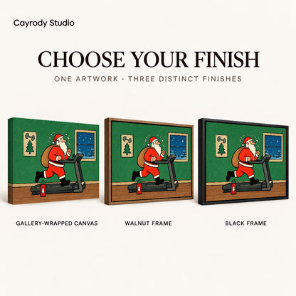 christmas workout santa canvas art compared across gallery-wrapped canvas, walnut frame, and black frame finishes.