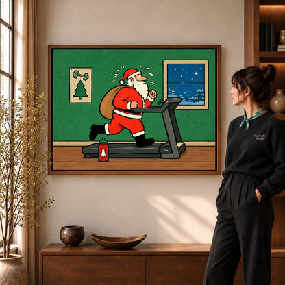 christmas workout santa canvas art shown in the walnut frame option within a warm living room.