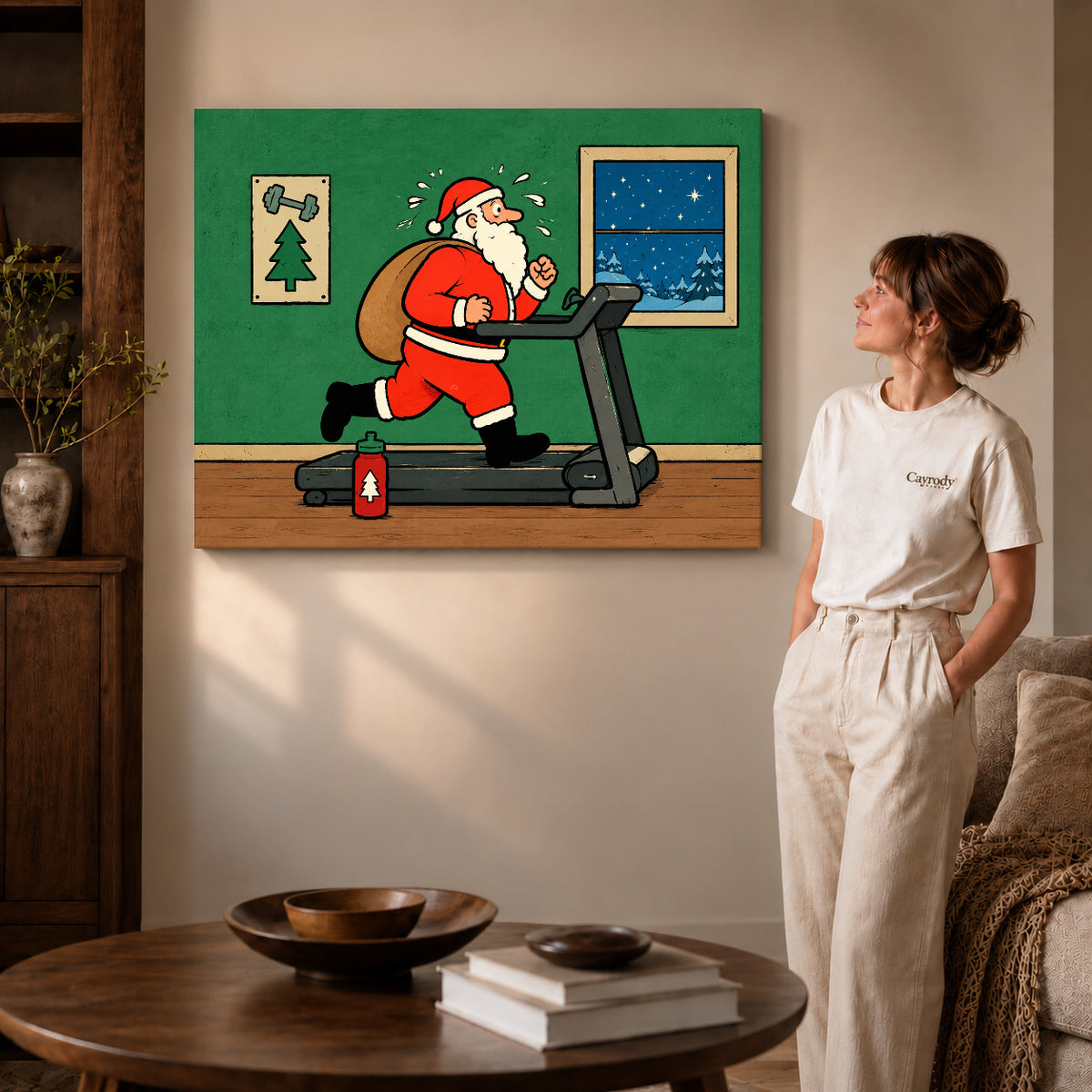 christmas workout santa canvas art shown in the gallery-wrapped option with natural side shading and warm surroundings.