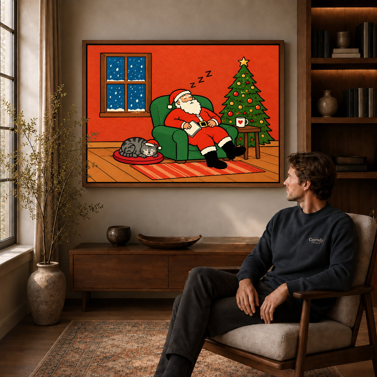 Santa Canvas Art displayed in a walnut frame above wooden furniture beside a seated man.