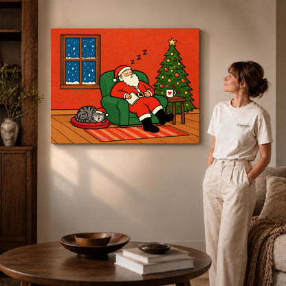 Santa Canvas Art on gallery wrapped canvas with visible depth beside a woman in white.
