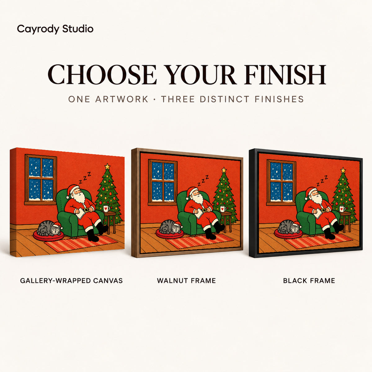 Santa Canvas Art shown in gallery wrapped canvas, walnut frame, and black frame finishes.