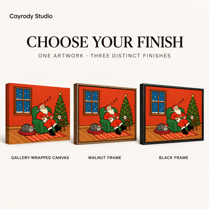 Santa Canvas Art shown in gallery wrapped canvas, walnut frame, and black frame finishes.