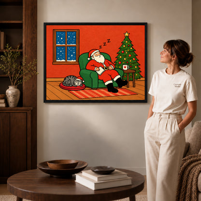 Black framed santa canvas art displayed beside a woman with natural light across the wall.
