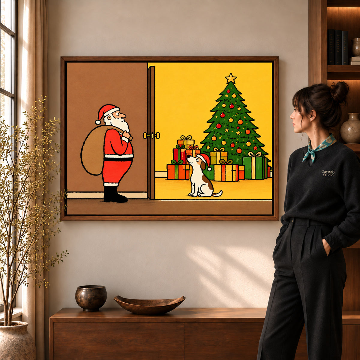 Santa Dog Canvas Art in a walnut frame beside a standing woman and warm wooden furniture.