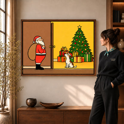 Santa Dog Canvas Art in a walnut frame beside a standing woman and warm wooden furniture.