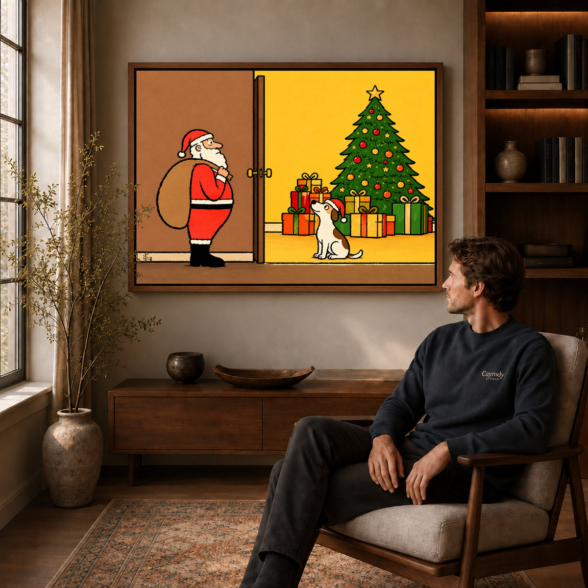 Santa Dog Canvas Art displayed in a walnut frame above wooden furniture beside a seated man.