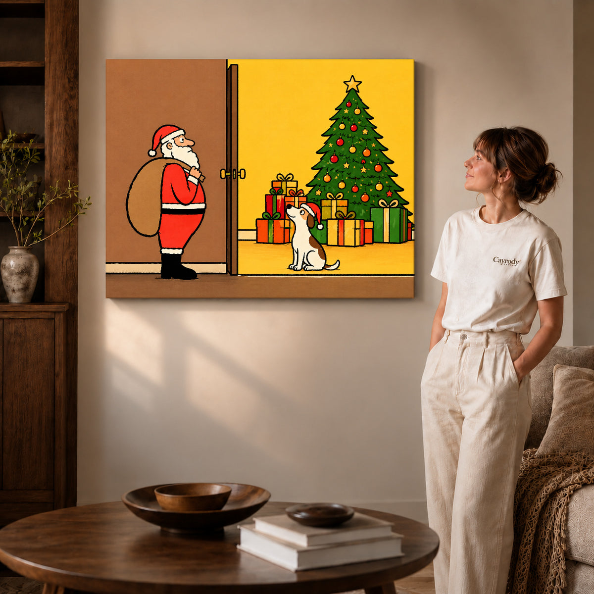 Santa Dog Canvas Art on gallery wrapped canvas with visible depth beside a woman in white.